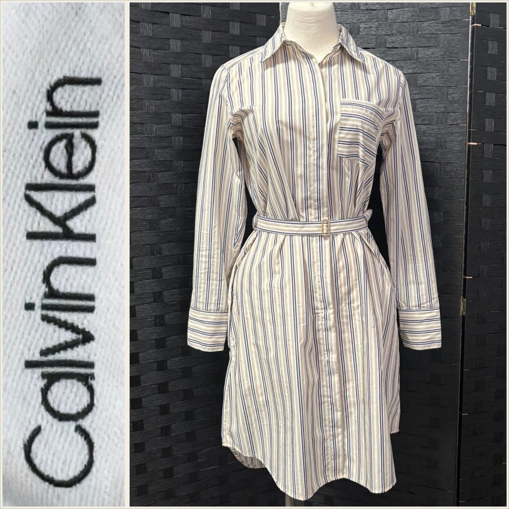 Calvin Klein 4 Striped Button Down Shirt Dress Belted Knee Length